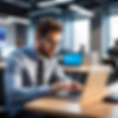 IT Professional Utilizing Mobile Data Solutions An IT professional working on a laptop in a modern office environment
