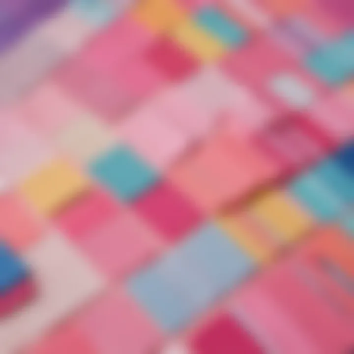 Colorful fabric swatches neatly arranged on a design board