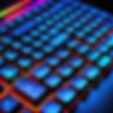 Close-up of a mechanical gaming keyboard showcasing RGB lighting effects