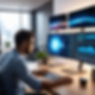 Boosting Productivity with Ultrawide Monitors A user interacting with an ultrawide monitor, highlighting productivity and multitasking capabilities.