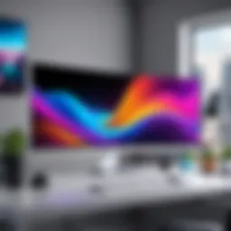 A sleek ultrawide monitor displaying vibrant colors, set against a modern workspace.