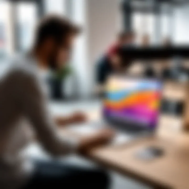 User engaging with a MacBook in a modern workspace