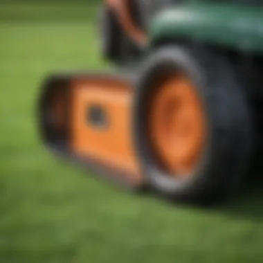 Close-up of electric lawn mower blades in action