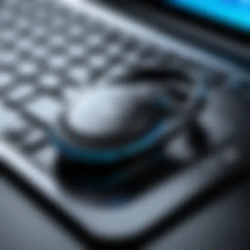 Close-up of a Bluetooth headset on a laptop keyboard, showcasing its design and functionality.