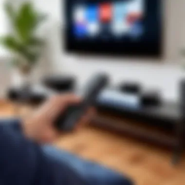User Experience with Element Google TV Remote User interacting with the Element Google TV Remote in a home entertainment setup