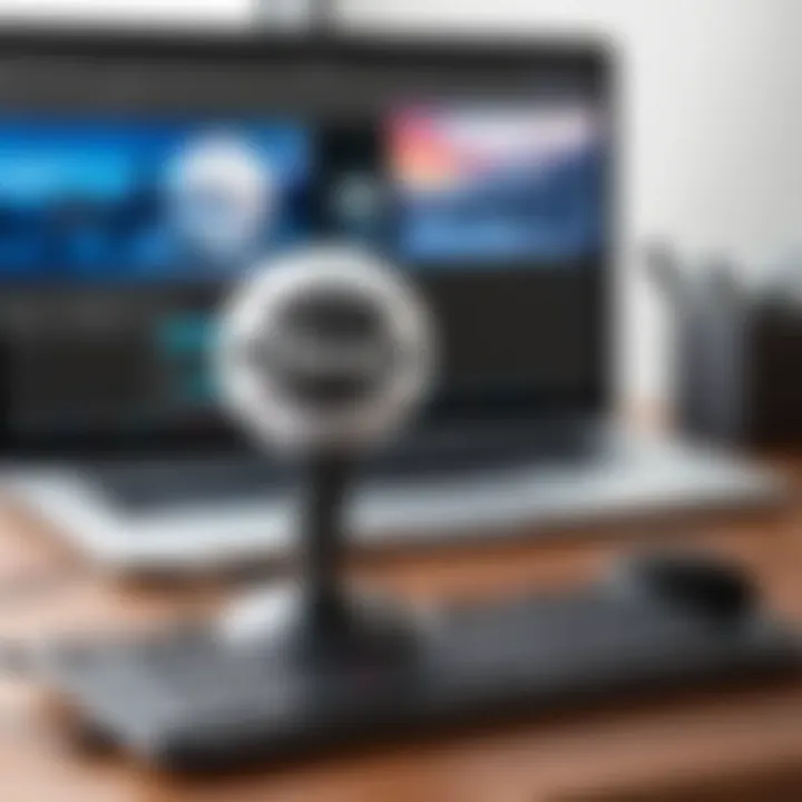 Blue Snowball Ice microphone in a podcasting setup with headphones and laptop