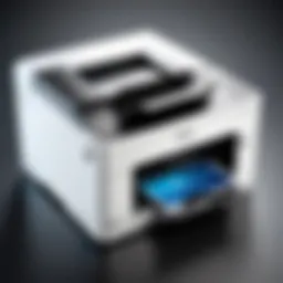 A detailed view of a high-quality laser printer with various features highlighted.