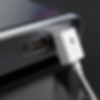iPad Charging Port with Fast Charger Close-up of an iPad charging port with a high-speed charger
