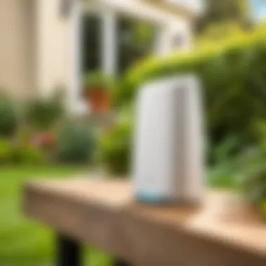 Netgear Orbi Outdoor Range Extender in a garden setting