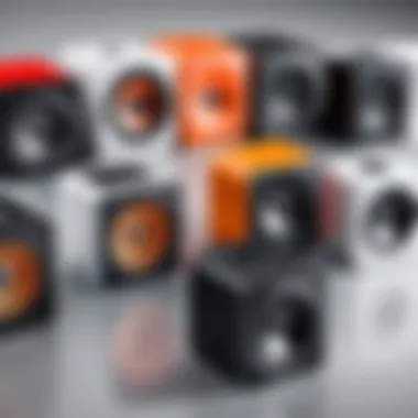 A variety of portable speakers arranged for comparison