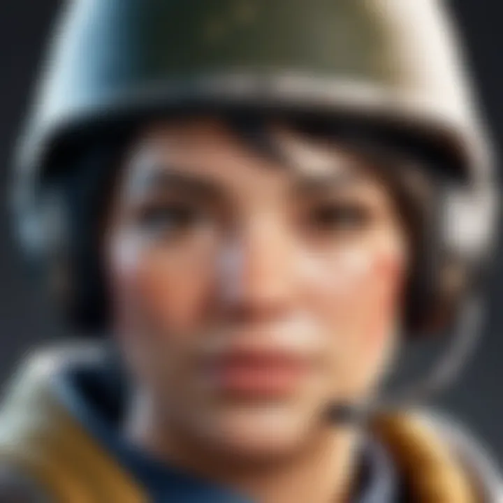 A close-up of an engaging battle royale character showcasing unique customization options.