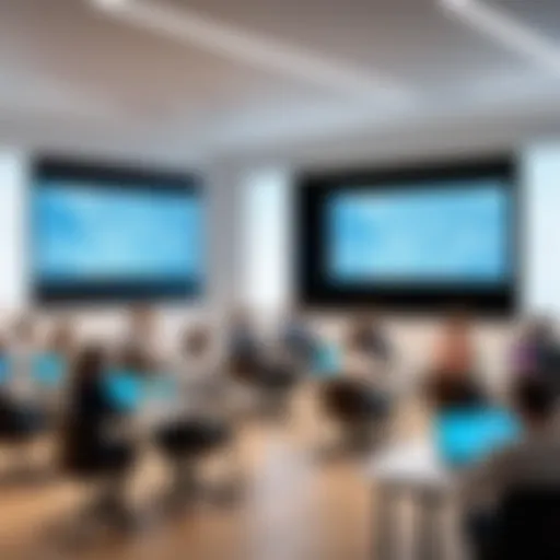 A modern classroom equipped with a large screen technology enhancing learning experiences.