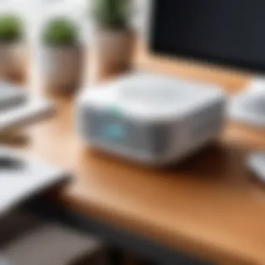 Portable white noise machine on a desk with office supplies