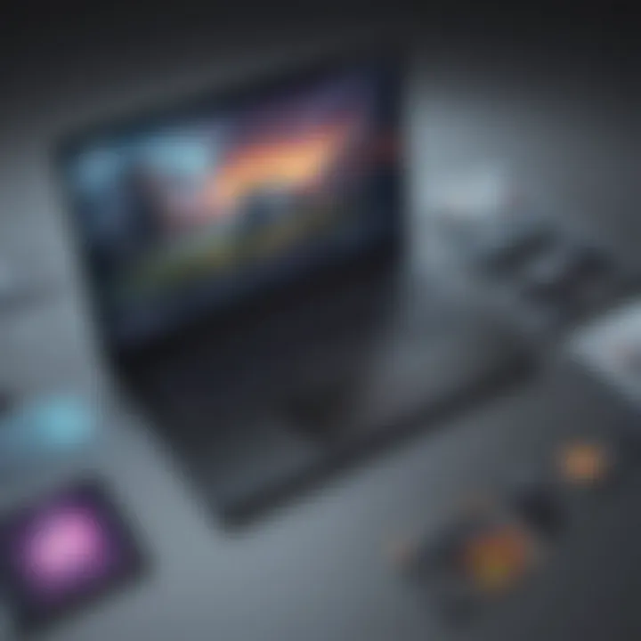 Creative depiction of digital games available for free download on a laptop