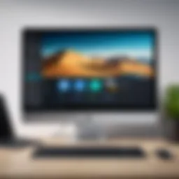 A modern computer desktop setup with an update notification on the screen