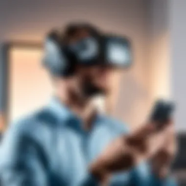 Immersive VR Experience User enjoying an immersive VR experience with a smartphone headset