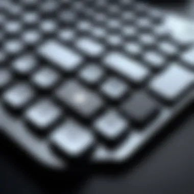 Close-up of the unique key features of the large Apple keyboard.