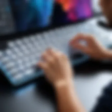 User interacting with the large Apple keyboard in a professional setting.