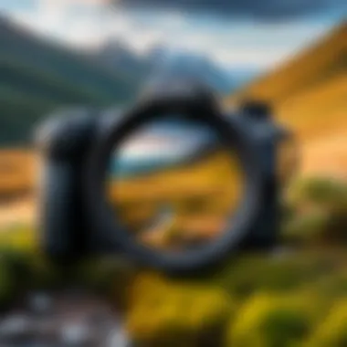 Photographer capturing a scenic landscape using a Lumix Micro Four Thirds lens.