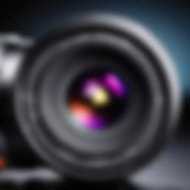 Close-up view of a Lumix lens mounted on a camera body, emphasizing precision engineering.