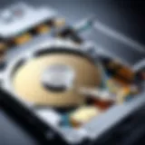 A detailed view of a hard disk drive opened to reveal its internal components.