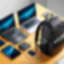 An organized workspace featuring a laptop, tablet, and a stylish backpack, emphasizing tech mobility.