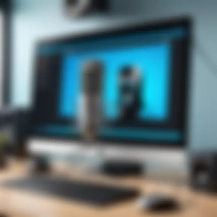 Recording setup for Skype calls featuring a computer and microphone