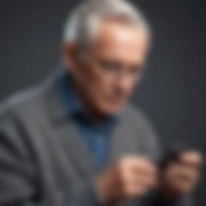 Elderly man using simplified texting function on phone