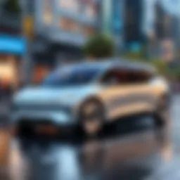 A futuristic 8-seat electric vehicle on a city street, showcasing sleek design and eco-friendly features.
