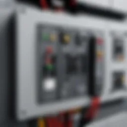 A detailed view of a modern breaker box with power monitors installed