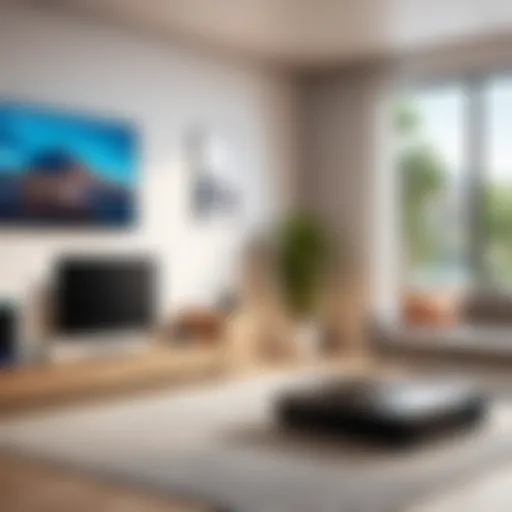 Illustration of various home internet security appliances in a modern living room setting.