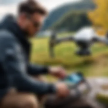 Photographer Using a DJI Drone Outdoors A photographer operating a DJI drone in an outdoor setting