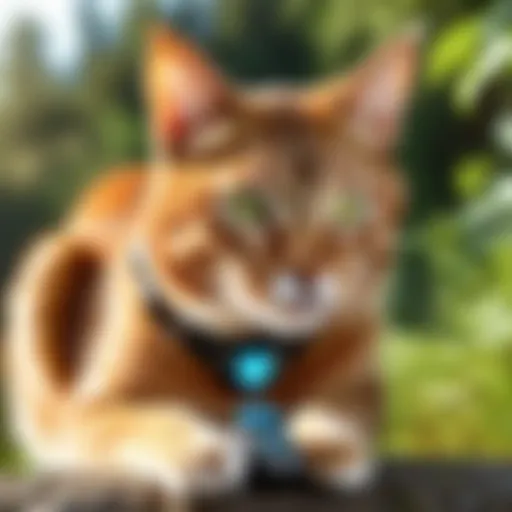 Illustration showcasing a cat wearing a whistle tracker device in a natural outdoor setting.