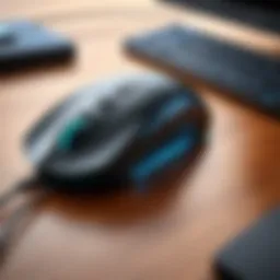 A sleek wireless gaming mouse on a gaming desk setup